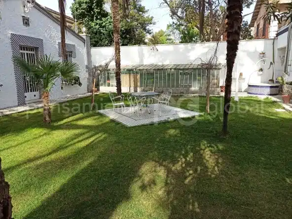 vista general del jardin con palmeras y mesa con cuatro sillas
