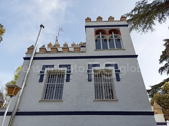 fachada lateral con el torreón mirando hacia arriba