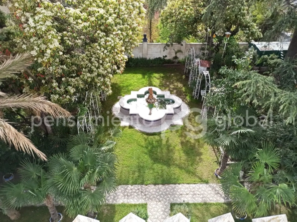 vista aerea del jardin con una fuente y muchos árboles