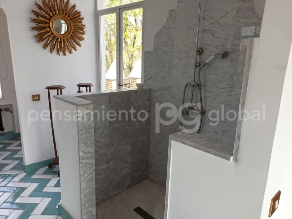 ducha abierta y vista del jardín a través de una puerta de cristal.